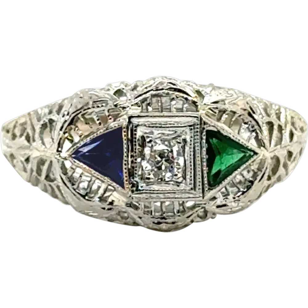 Art Deco Diamond Sapphire Emerald Engagement Ring… - image 1