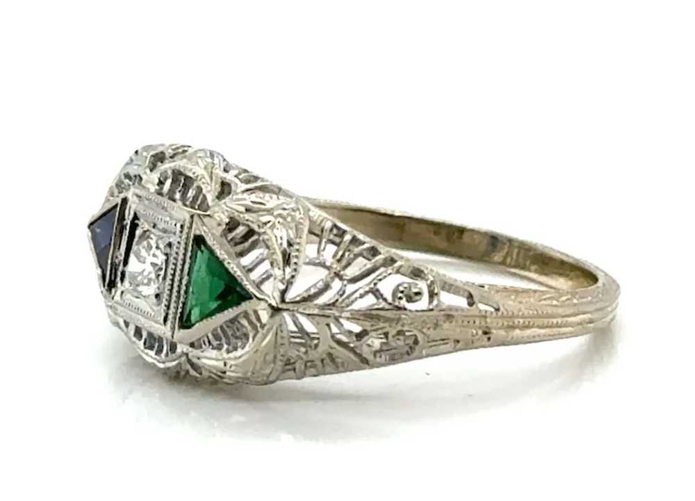 Art Deco Diamond Sapphire Emerald Engagement Ring… - image 4