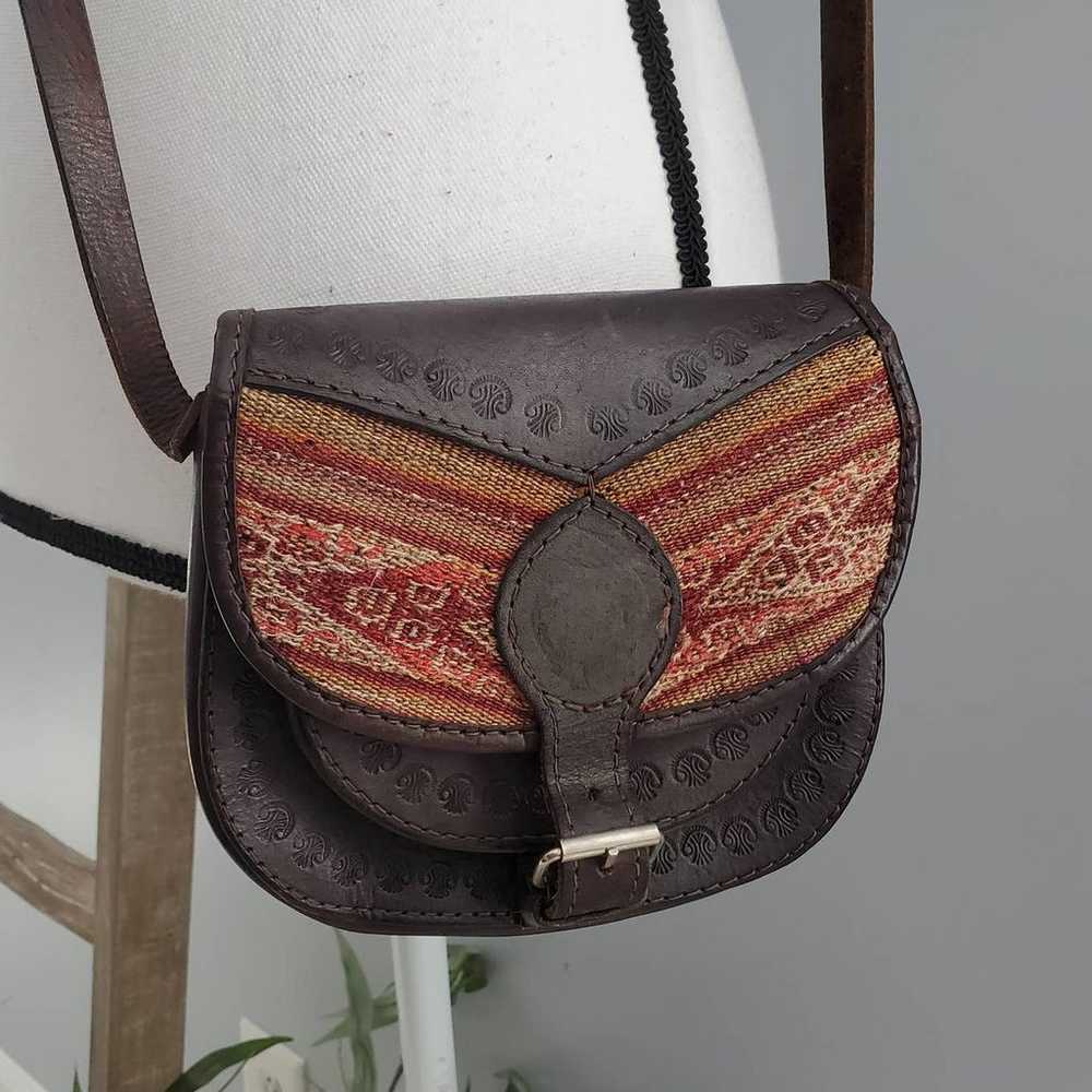 Vintage Leather Woven Saddle Crossbody Shoulder P… - image 1