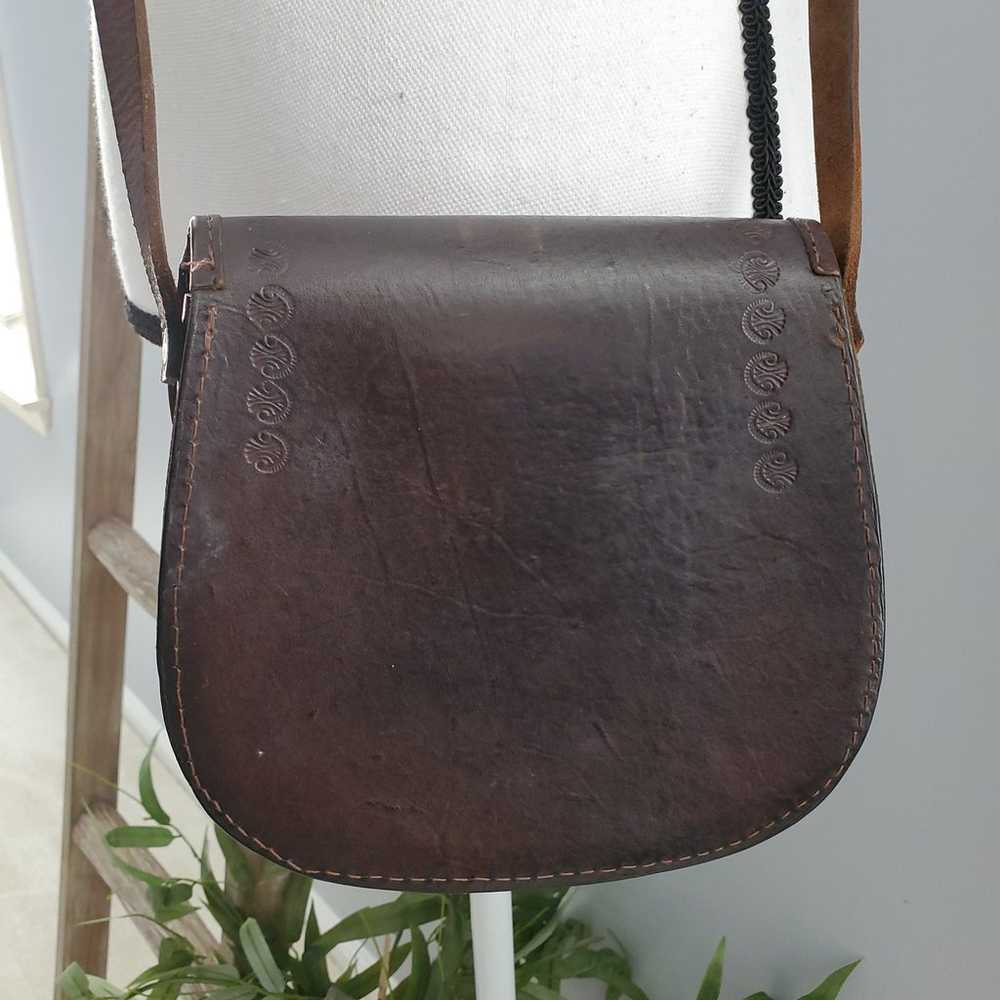 Vintage Leather Woven Saddle Crossbody Shoulder P… - image 2