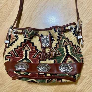 Vintage Western Embroidered Purse with Leather Tr… - image 1