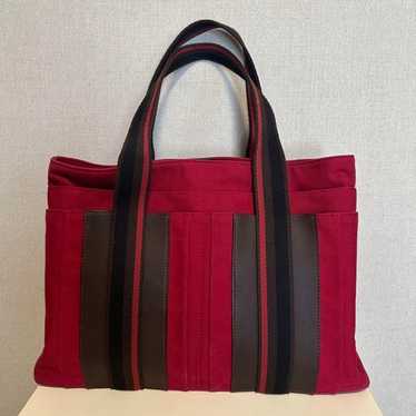 HERMES Tote Bag / Red Stripe Tote Bag Canvas