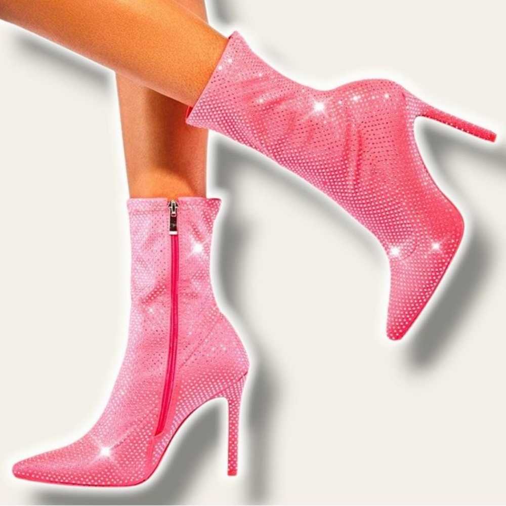 Neon pink rhinestone ankle sock stiletto boots 10 - image 1