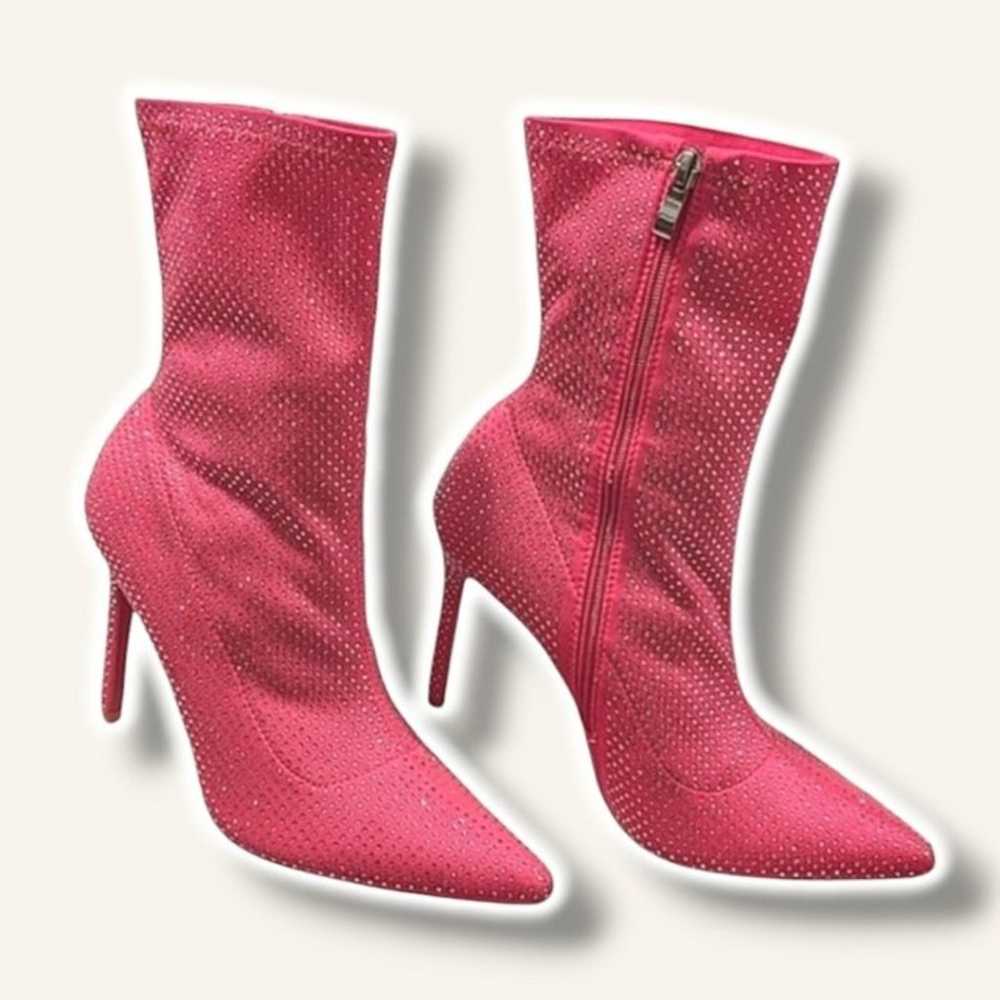 Neon pink rhinestone ankle sock stiletto boots 10 - image 2