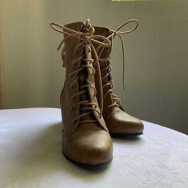 Brown lace up faux leather booties with a block h… - image 1