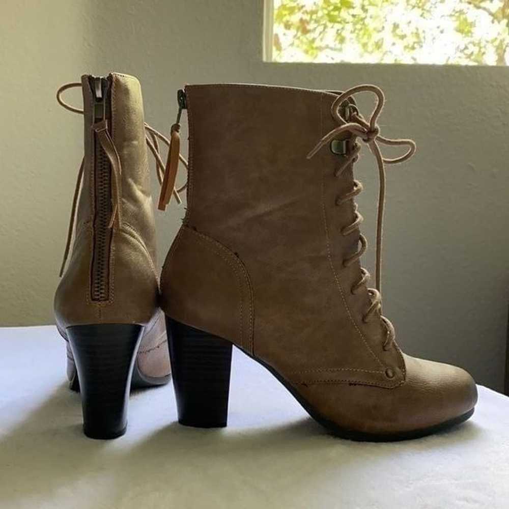 Brown lace up faux leather booties with a block h… - image 3