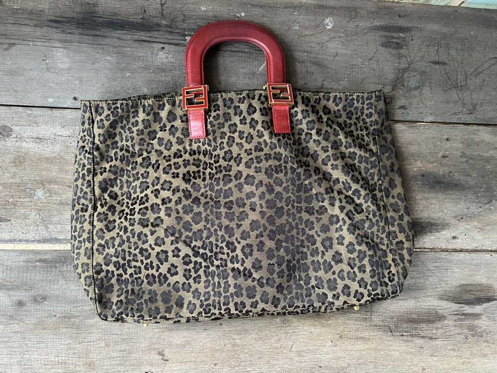 Vintage FENDI Leopard Hand Bag Nylon Leather Brow… - image 1