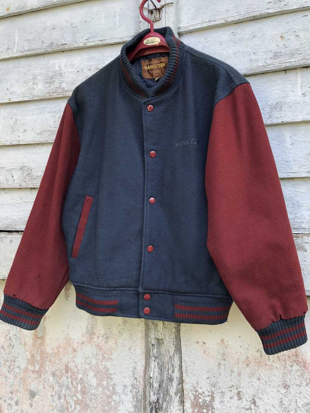 Vintage 90s Hang Ten Distressed Old Wool Varsity … - image 1