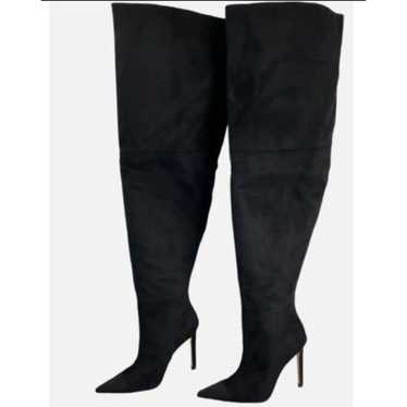 Good American Black Thigh High Suede Slouchy Boots