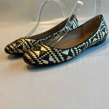 Rebecca Minkoff Black/Gold Woven Uma Flat 8.5 M