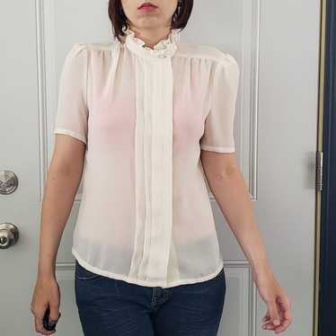 70s Sheer Cream Pleated Blouse - image 1