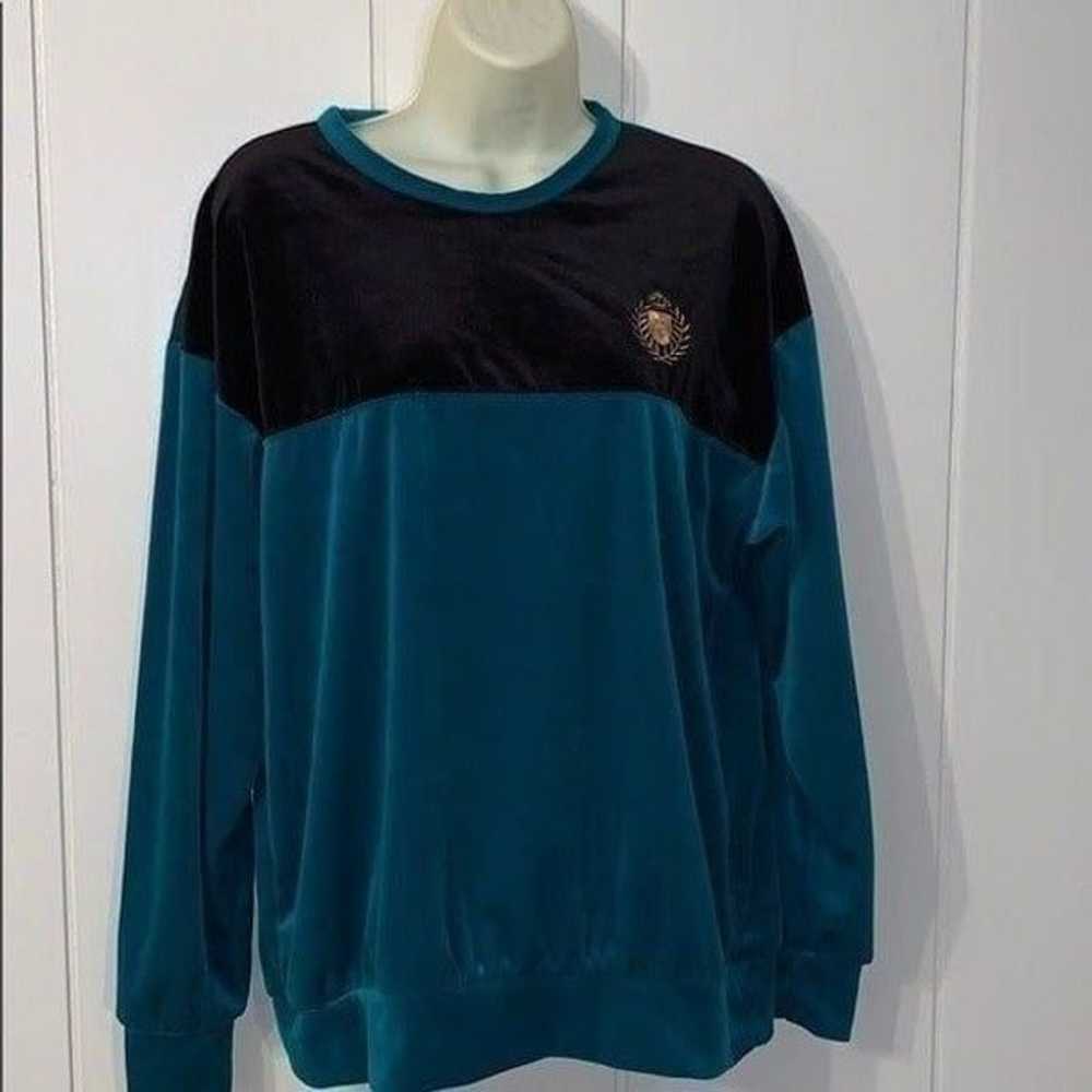 Vtg 90s Jaclyn Smith black & turquoise velour top - image 1