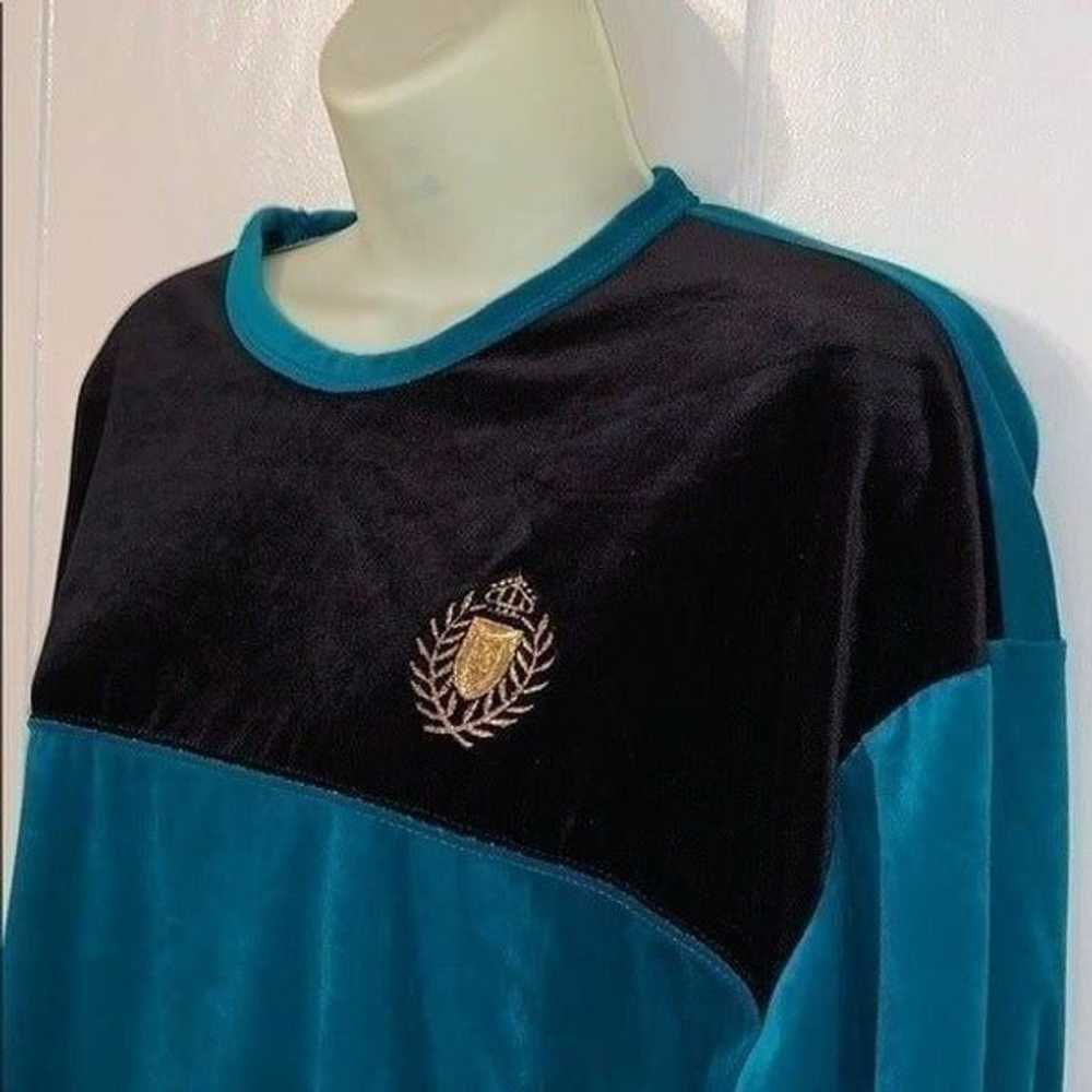 Vtg 90s Jaclyn Smith black & turquoise velour top - image 2