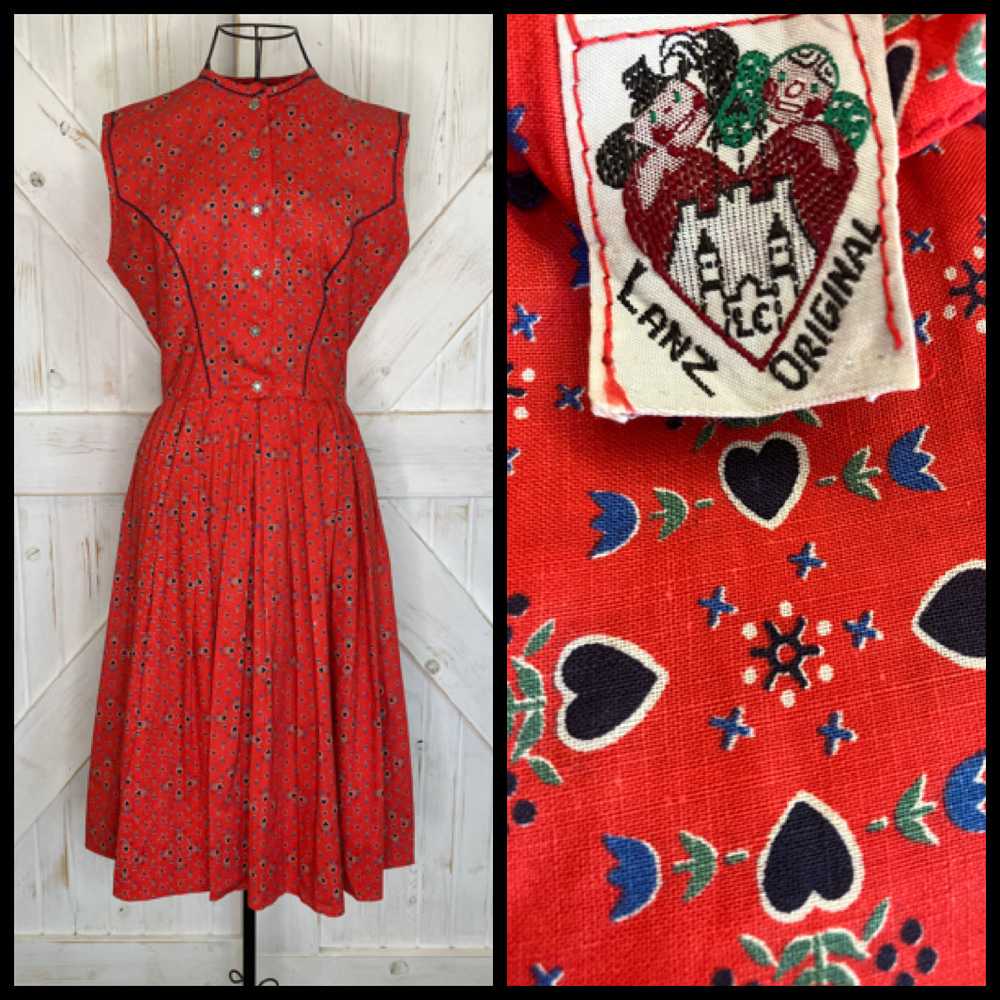 50's Vintage Lanz Original Red Blue Tulip Black C… - image 1