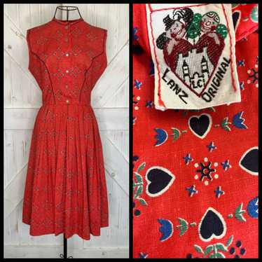 50's Vintage Lanz Original Red Blue Tulip Black C… - image 1