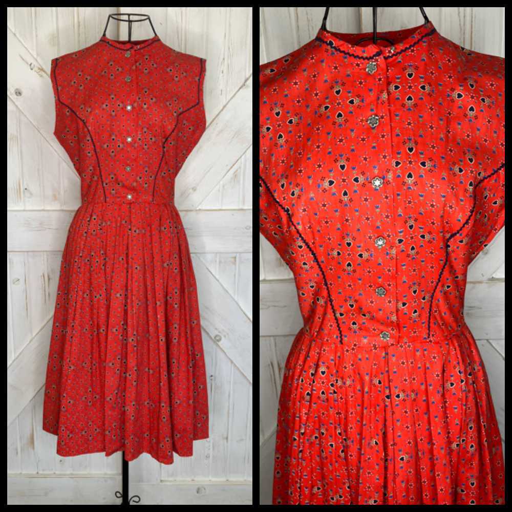 50's Vintage Lanz Original Red Blue Tulip Black C… - image 2