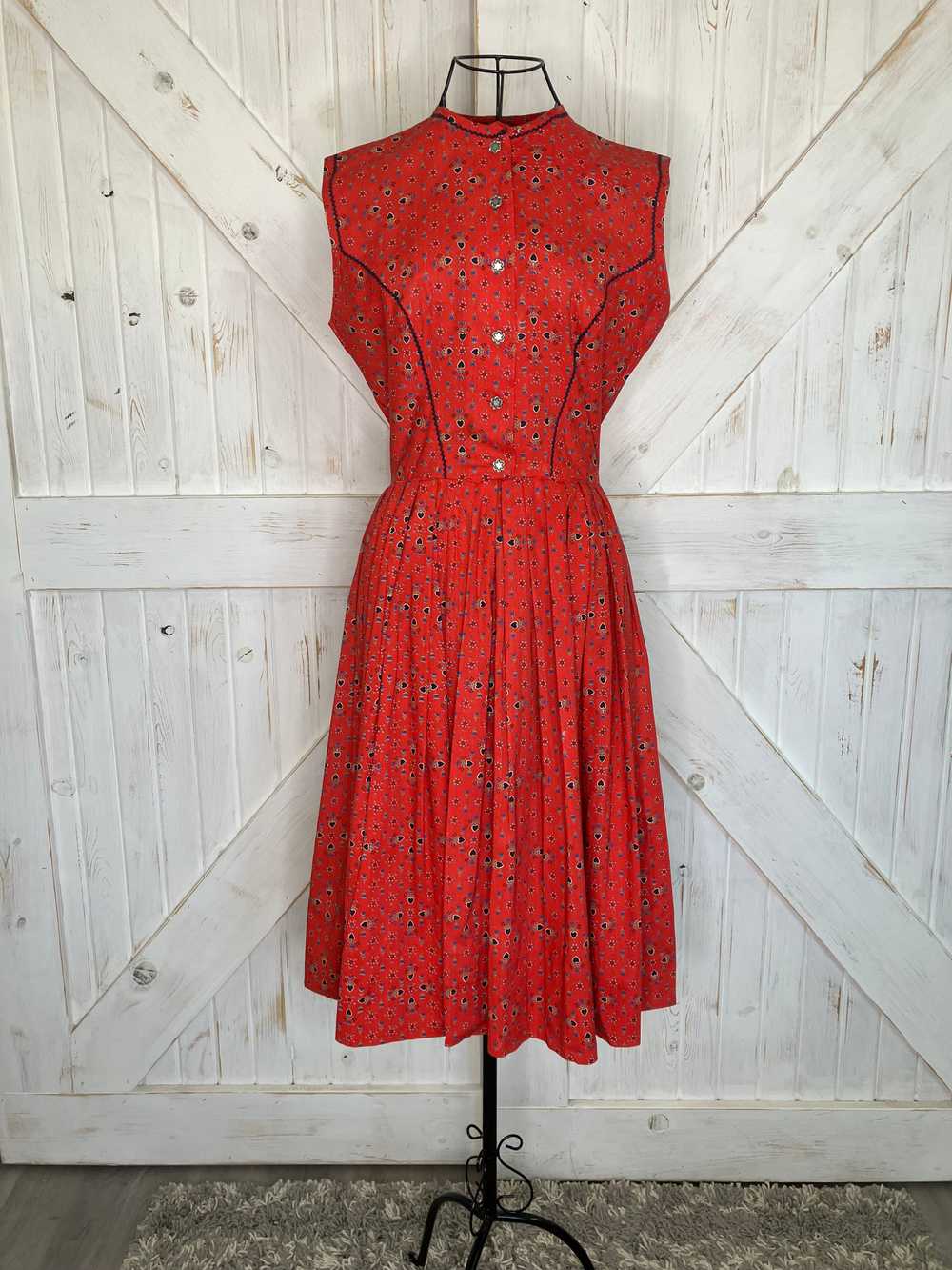 50's Vintage Lanz Original Red Blue Tulip Black C… - image 4