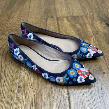 Tory Burch Rosemont Embroidered Pansy Floral Blue 