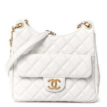 CHANEL Caviar Quilted Wavy CC Hobo White