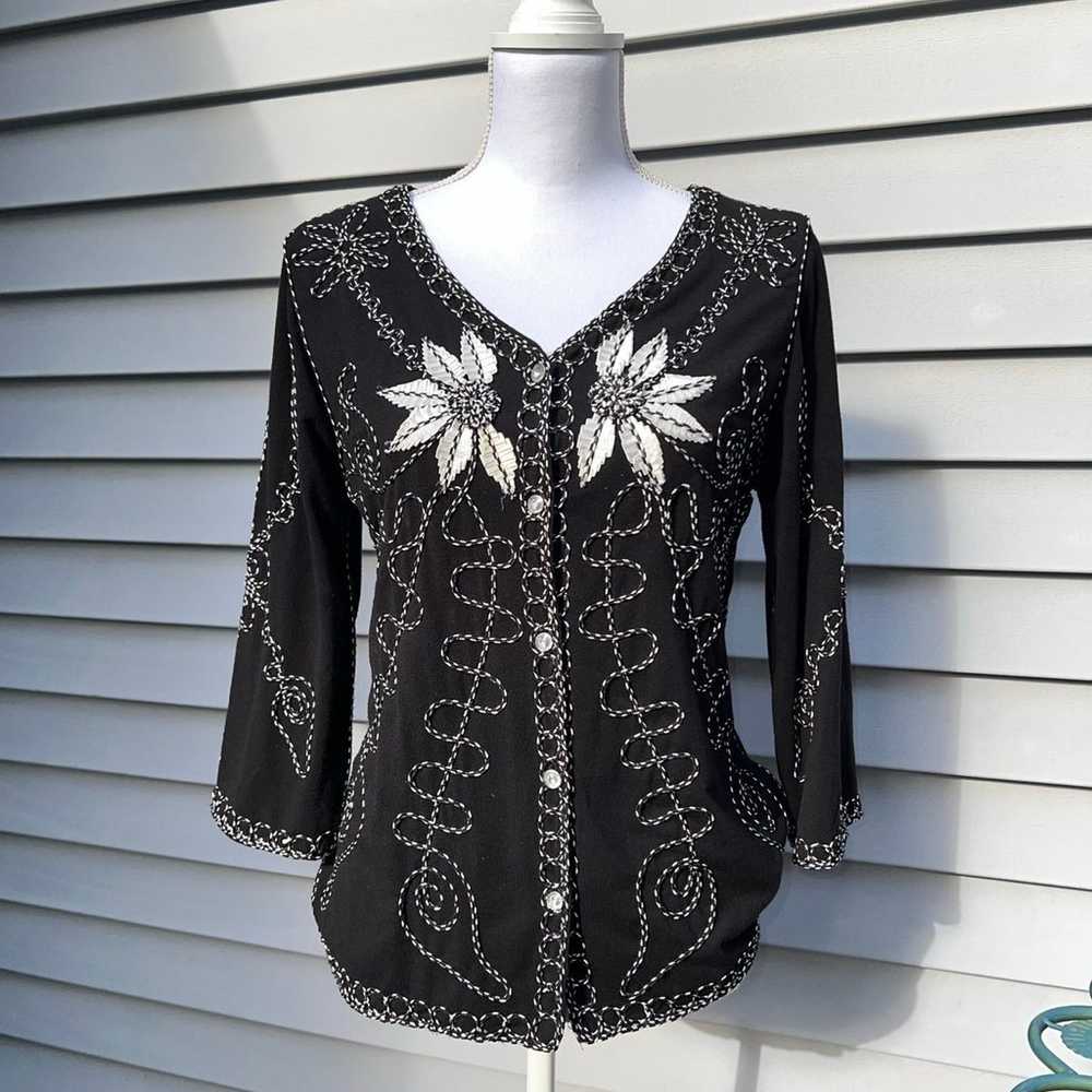 Once Again black Blouse with embroidery in size S… - image 3