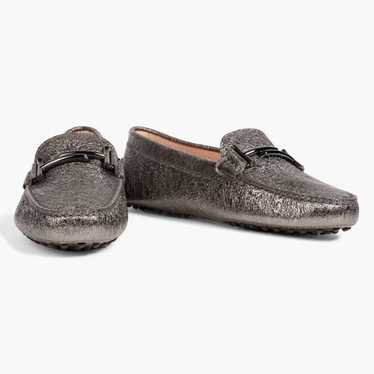 TOD'S Double T metallic cracked-leather loafers w… - image 1