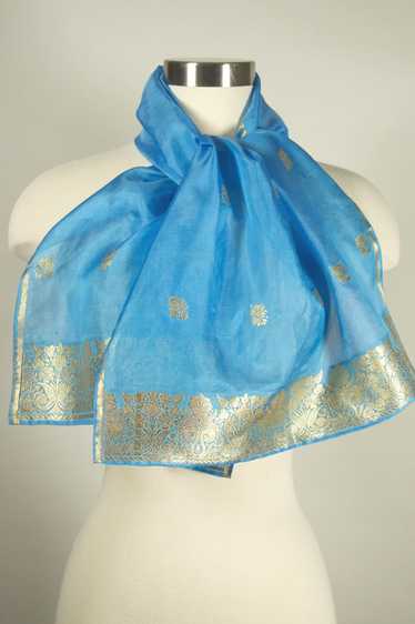 Sky blue sari silk gold metallic floral 1960s scar