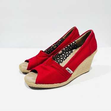 TOMS Classic Red Canvas Wedge Espadrille Peep Toe 