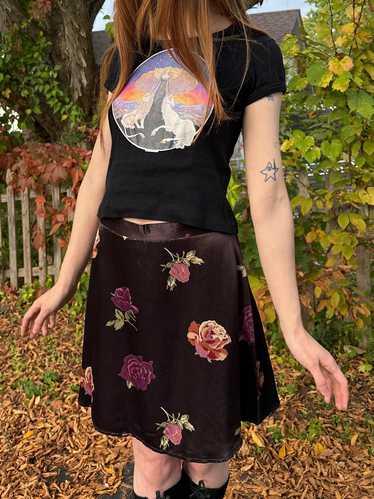 1990s Black Satin Purple Rose Floral Print Mini Sk