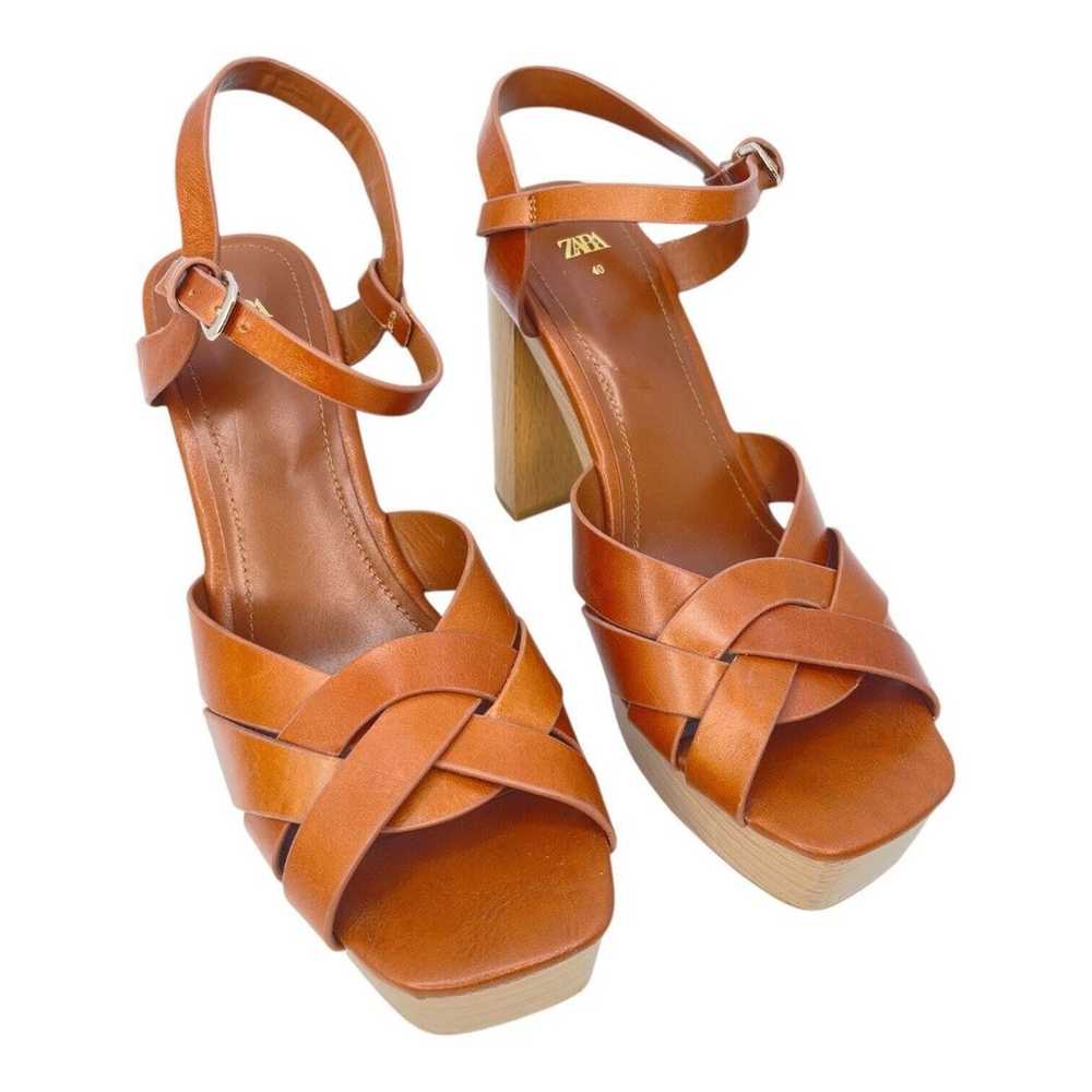 Zara Leather Platform retro chunky Strappy Wooden… - image 1