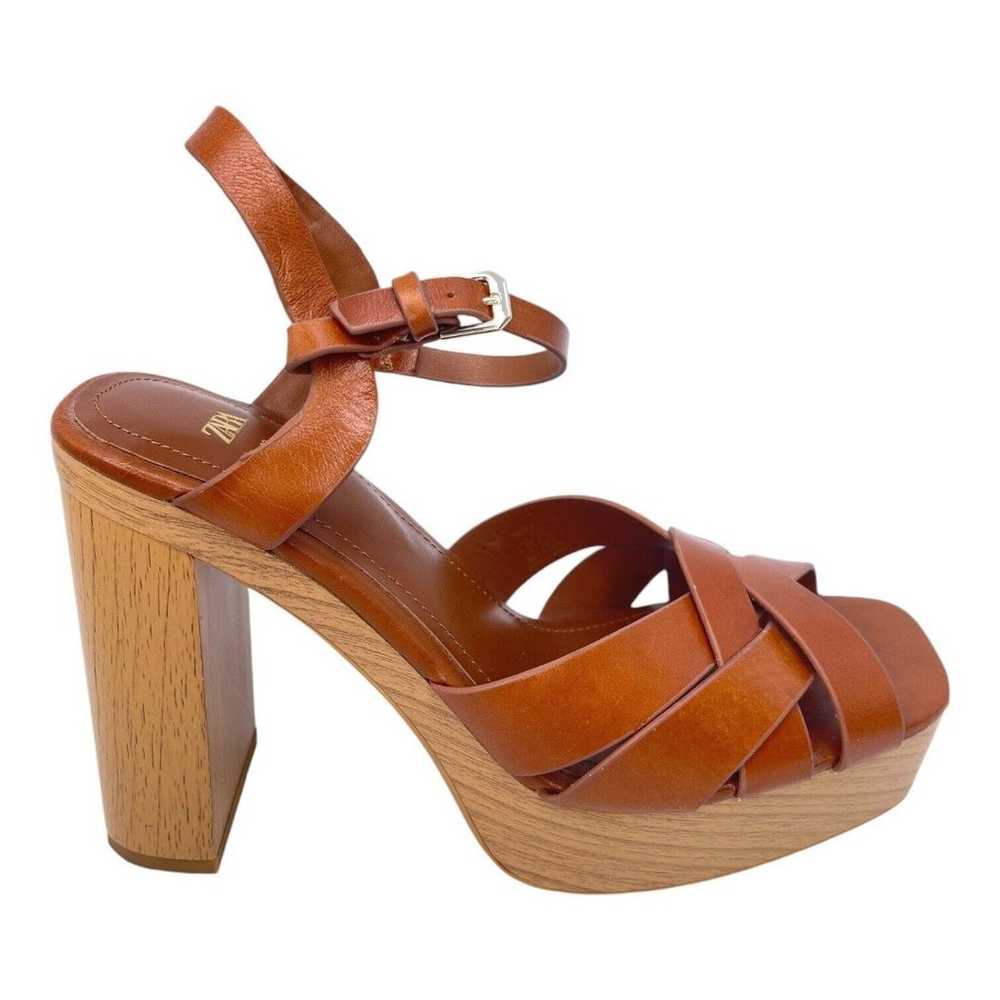 Zara Leather Platform retro chunky Strappy Wooden… - image 4