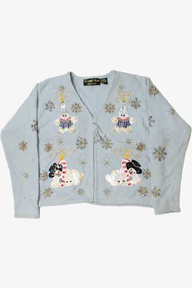 Pale Blue Beaded Snowmen Ugly Christmas Zip-Up Car