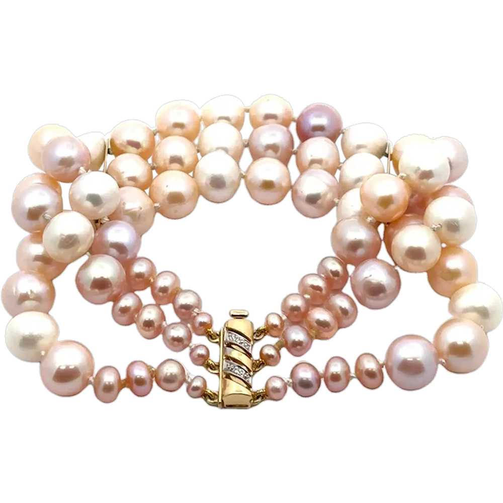 3 Strand Cultured Pearl Bracelet Diamond 14k Gold… - image 1