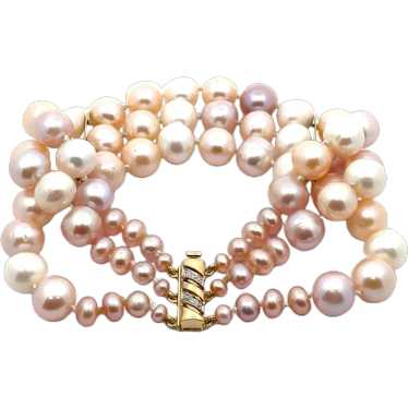 3 Strand Cultured Pearl Bracelet Diamond 14k Gold… - image 1