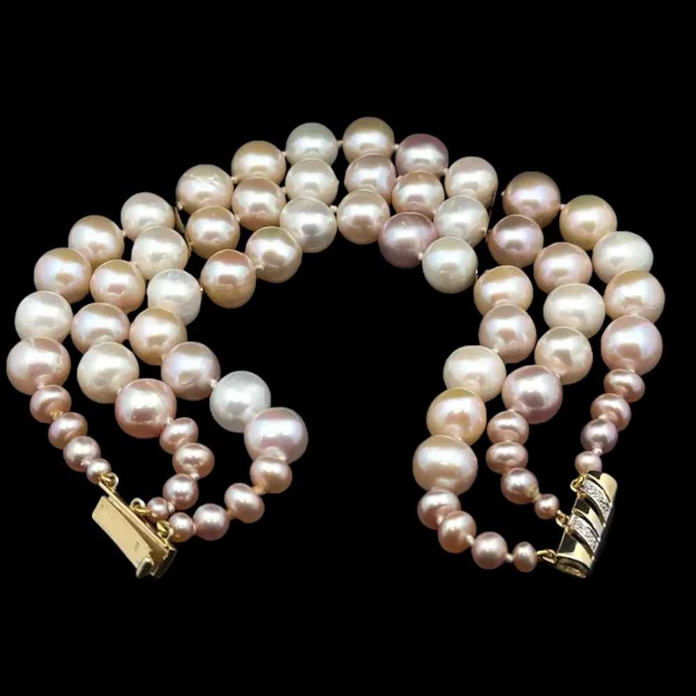 3 Strand Cultured Pearl Bracelet Diamond 14k Gold… - image 2