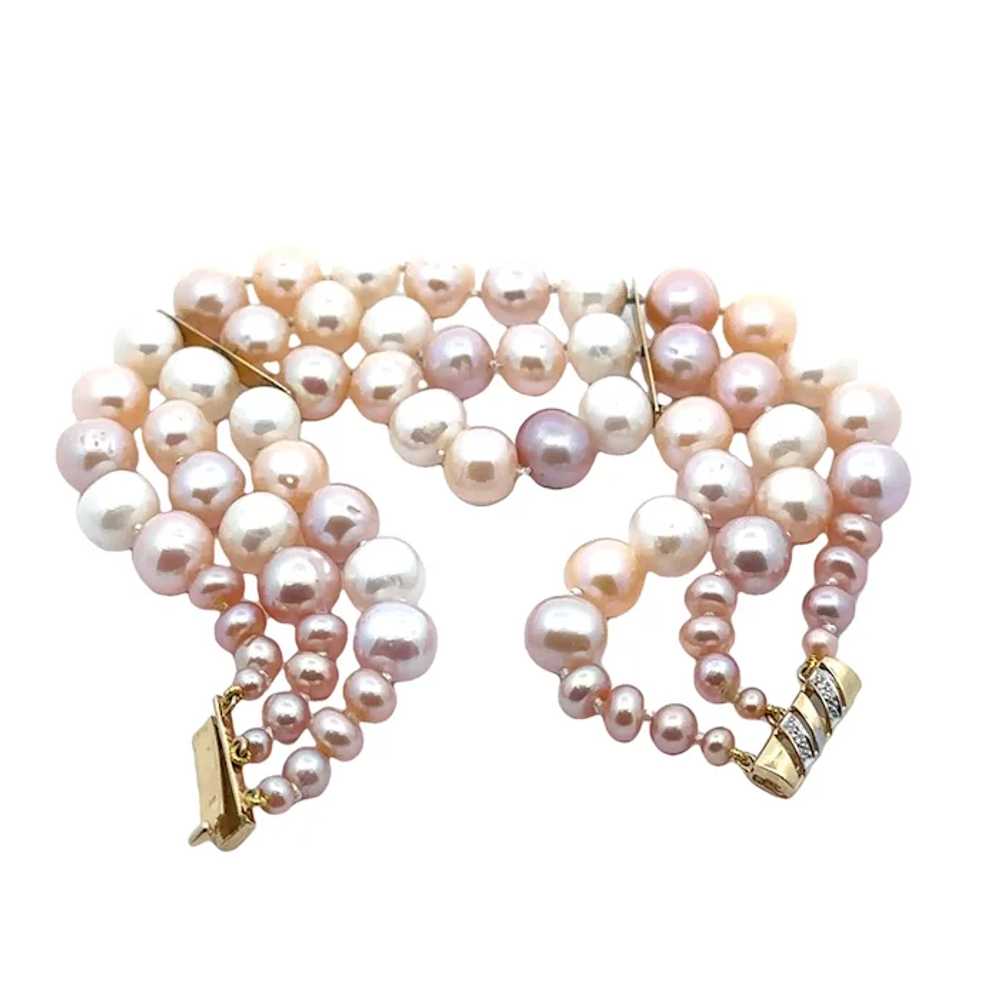 3 Strand Cultured Pearl Bracelet Diamond 14k Gold… - image 3