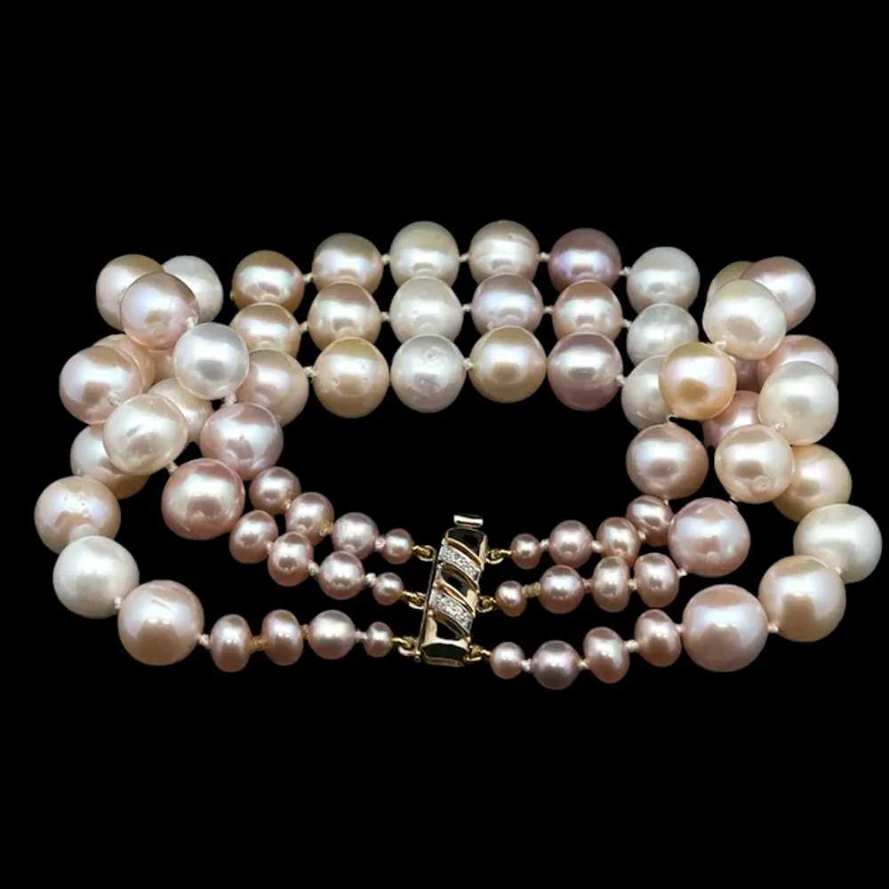 3 Strand Cultured Pearl Bracelet Diamond 14k Gold… - image 5