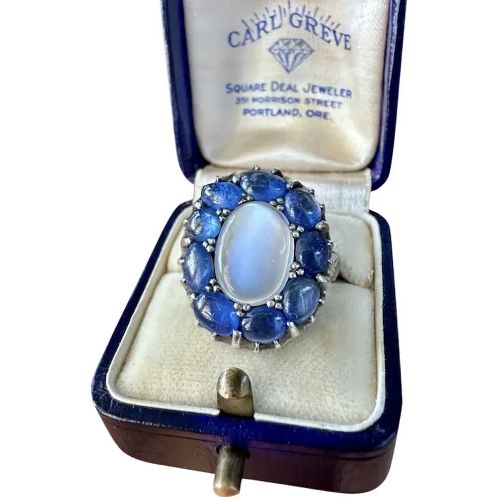 Antique Moonstone and Cabochon Sapphire Halo Clus… - image 1