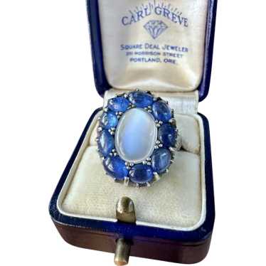 Antique Moonstone and Cabochon Sapphire Halo Clus… - image 1