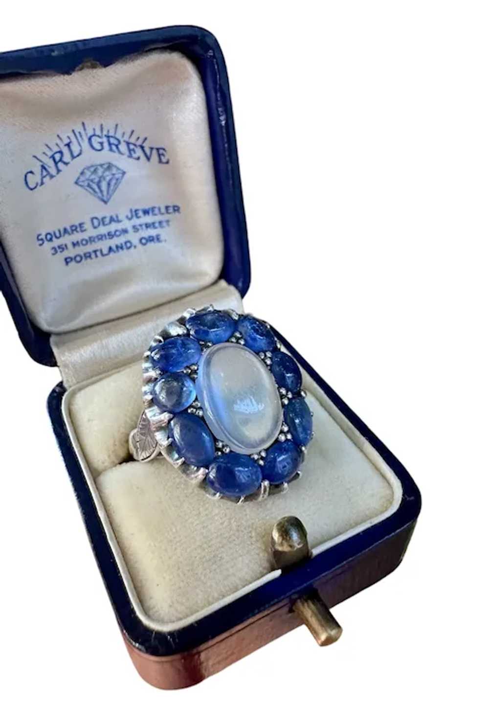 Antique Moonstone and Cabochon Sapphire Halo Clus… - image 2