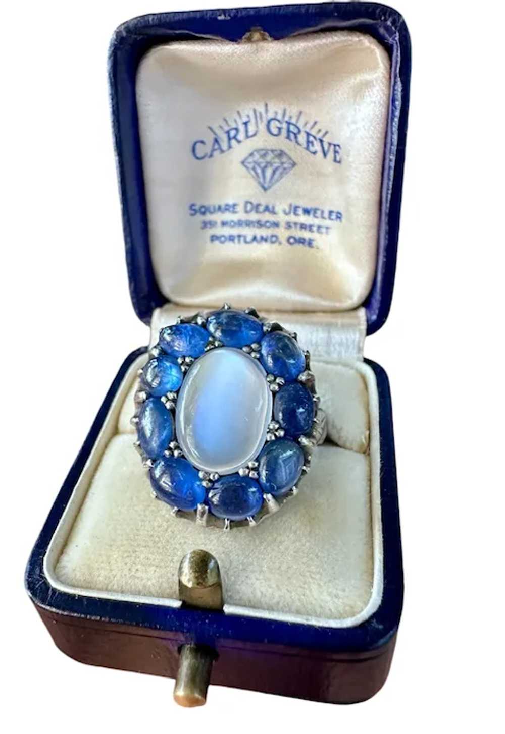 Antique Moonstone and Cabochon Sapphire Halo Clus… - image 3