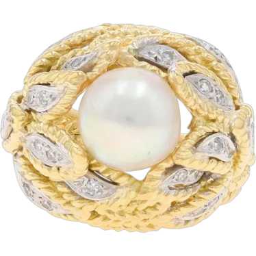 Yellow Gold Akoya Pearl & Diamond Vintage Ring - … - image 1