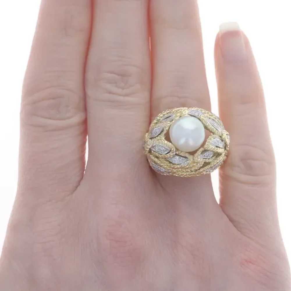 Yellow Gold Akoya Pearl & Diamond Vintage Ring - … - image 2