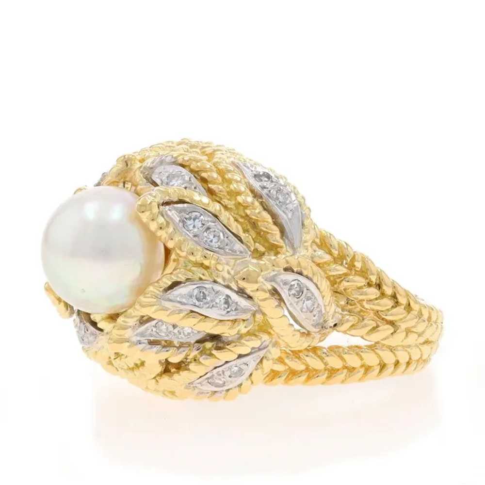 Yellow Gold Akoya Pearl & Diamond Vintage Ring - … - image 3