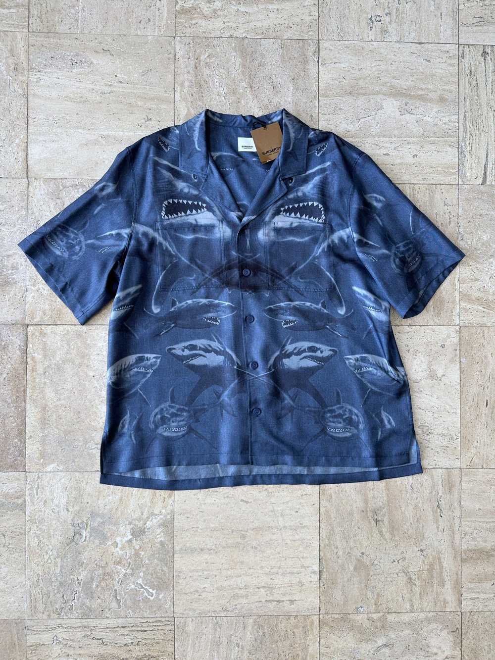 Burberry Shark Print 100% Silk Camp Collar Shirt - image 1