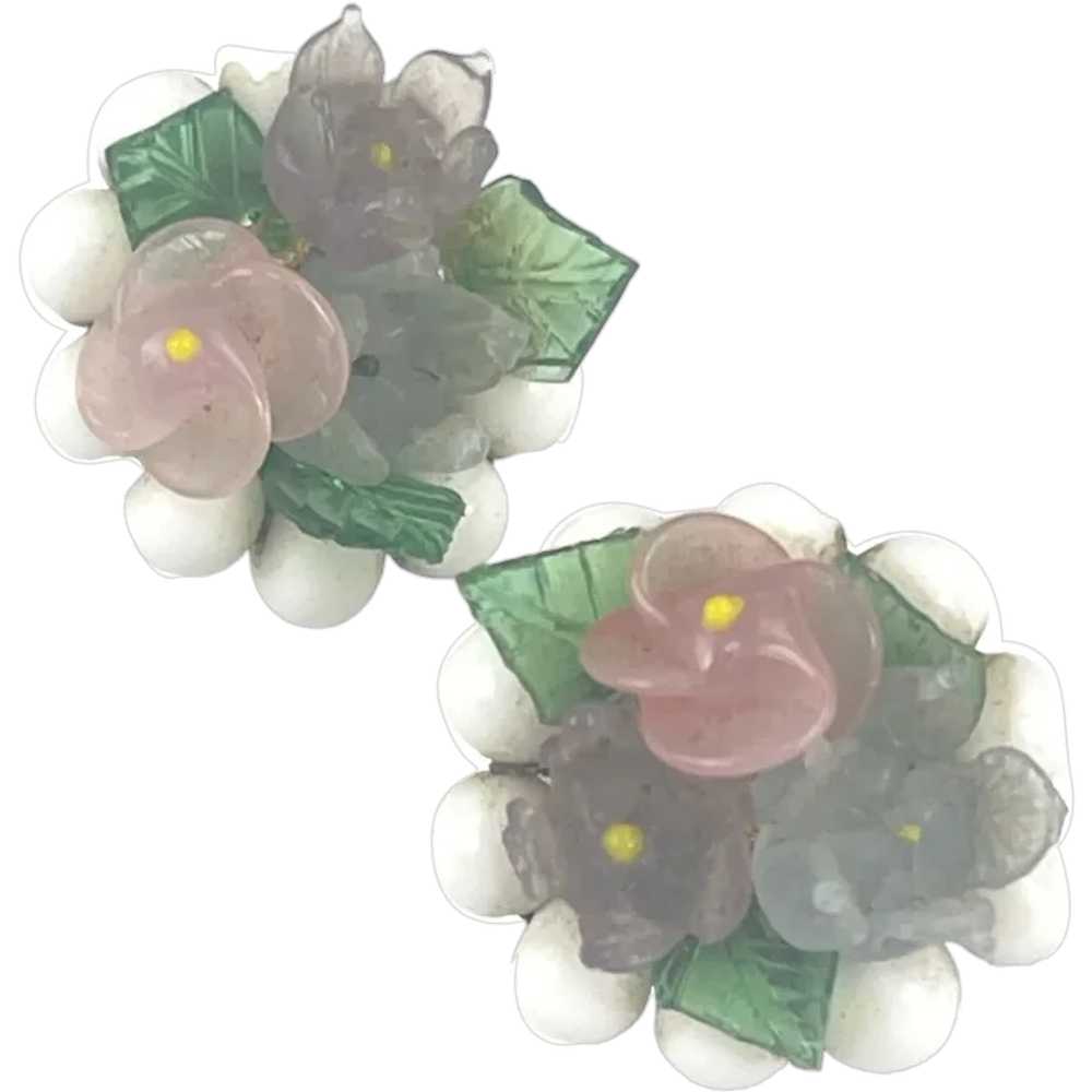 Vintage Floral Clip-On Earrings With Glass Beads … - image 1