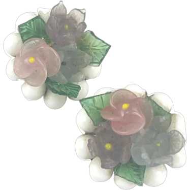 Vintage Floral Clip-On Earrings With Glass Beads … - image 1