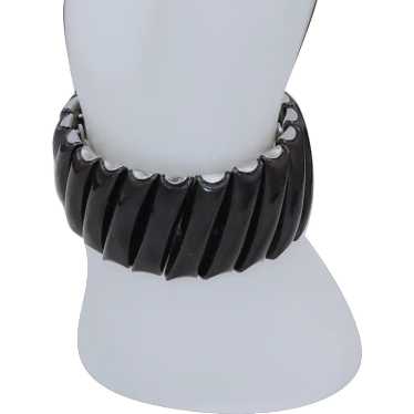 Silver Tone and Black Enamel Expandable Bracelet