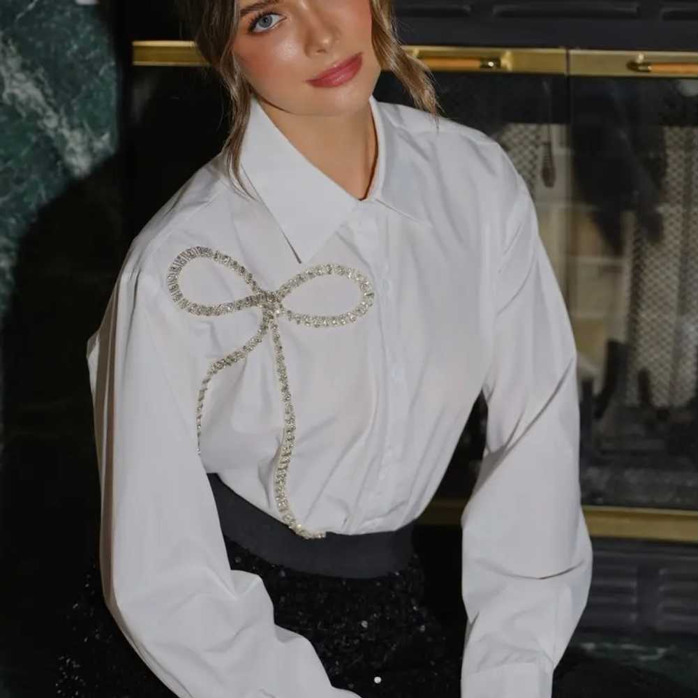 Rhinestone embellished bow white button down shirt - image 1