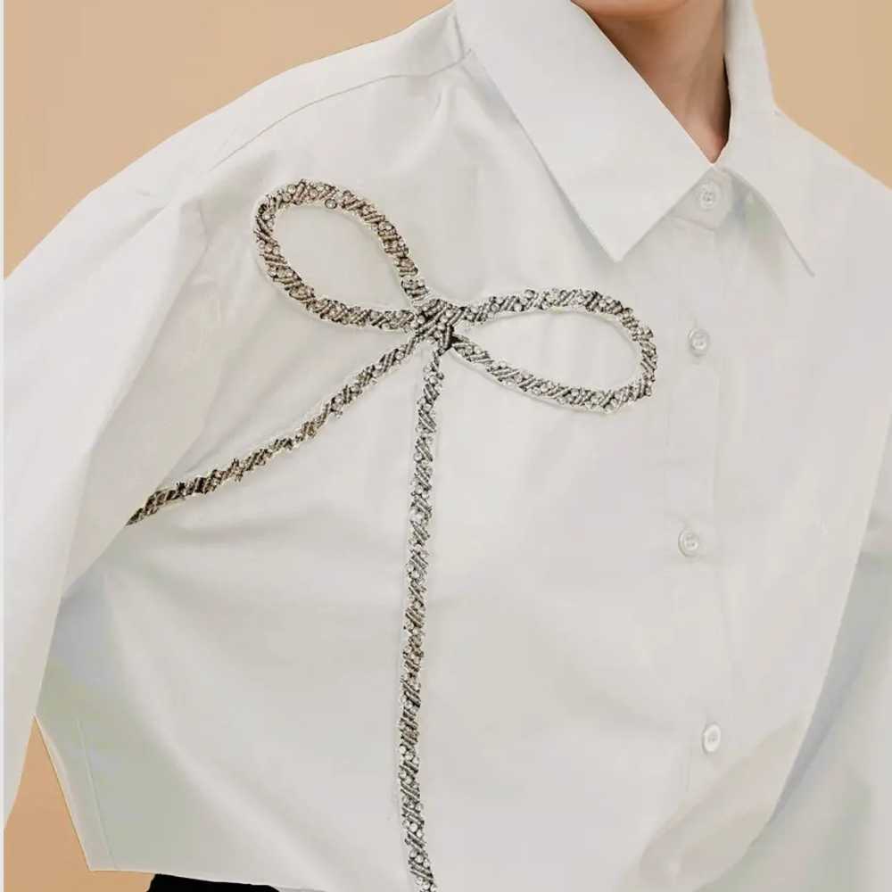 Rhinestone embellished bow white button down shirt - image 3