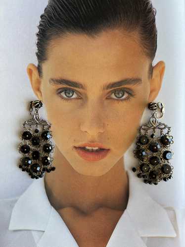 Black Beaded Floral Chandelier Clip On Earrings